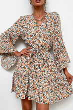 Load image into Gallery viewer, Floral Belted Flare Sleeve V-Neck Dress