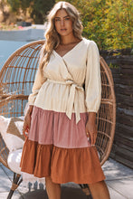 Load image into Gallery viewer, Color Block Belted Puff Sleeve Surplice Dress