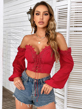 Load image into Gallery viewer, Spliced Lace Tie Front Balloon Sleeve Top