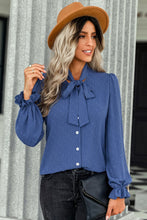Load image into Gallery viewer, Swiss Dot Tie-Neck Button Front Blouse