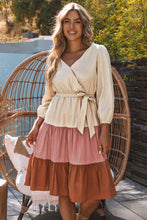 Load image into Gallery viewer, Color Block Belted Puff Sleeve Surplice Dress