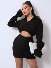 Load image into Gallery viewer, Ruched Cutout Flounce Sleeve Shirt Dress