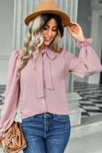 Load image into Gallery viewer, Swiss Dot Tie-Neck Button Front Blouse