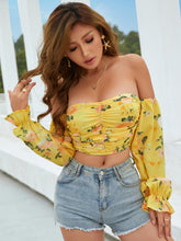 Load image into Gallery viewer, Ruched Off-Shoulder Flounce Sleeve Cropped Top