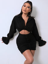 Load image into Gallery viewer, Ruched Cutout Flounce Sleeve Shirt Dress