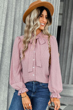 Load image into Gallery viewer, Swiss Dot Tie-Neck Button Front Blouse
