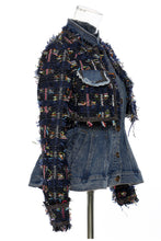 Load image into Gallery viewer, GAWQO Fringe Detail Cropped Jacket and Denim Vest Set