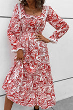 Load image into Gallery viewer, Printed Lace Trim Square Neck Flounce Sleeve Dress