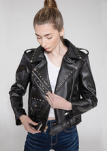Load image into Gallery viewer, Women's Vegan Square Studded Black Moto Style Faux Leather Jacket