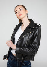 Load image into Gallery viewer, Women's Vegan Square Studded Black Moto Style Faux Leather Jacket