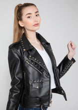 Load image into Gallery viewer, Women's Vegan Square Studded Black Moto Style Faux Leather Jacket