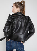 Load image into Gallery viewer, Women's Vegan Square Studded Black Moto Style Faux Leather Jacket