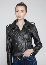 Load image into Gallery viewer, Women's Vegan Square Studded Black Moto Style Faux Leather Jacket