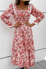 Load image into Gallery viewer, Printed Lace Trim Square Neck Flounce Sleeve Dress