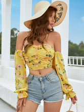 Load image into Gallery viewer, Ruched Off-Shoulder Flounce Sleeve Cropped Top