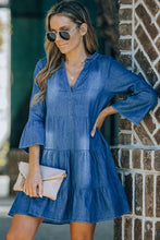 Load image into Gallery viewer, Flare Sleeve V-Neck Tiered Denim Dress