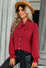Load image into Gallery viewer, Swiss Dot Tie-Neck Button Front Blouse