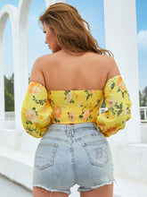 Load image into Gallery viewer, Ruched Off-Shoulder Flounce Sleeve Cropped Top