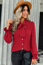 Load image into Gallery viewer, Swiss Dot Tie-Neck Button Front Blouse