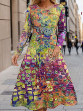 Load image into Gallery viewer, Plus Size Printed Round Neck Long Sleeve Dress