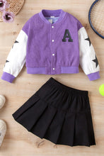 Load image into Gallery viewer, Girls Contrast Bomber Jacket, Tank, and Pleated Skirt Set