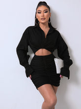 Load image into Gallery viewer, Ruched Cutout Flounce Sleeve Shirt Dress