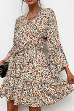 Load image into Gallery viewer, Floral Belted Flare Sleeve V-Neck Dress