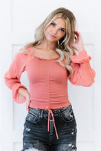 Load image into Gallery viewer, Chocolate USA Drawstring Off-Shoulder Flounce Sleeve Cropped Top