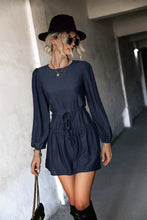 Load image into Gallery viewer, Frill Trim Tie Waist Puff Sleeve Mini Dress