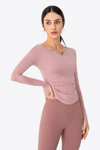 Load image into Gallery viewer, Thumbhole Long Sleeve Pleated Detail Notched Sports Top