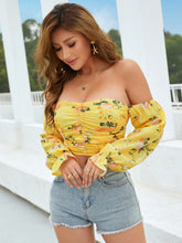 Load image into Gallery viewer, Ruched Off-Shoulder Flounce Sleeve Cropped Top