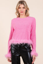 Load image into Gallery viewer, Mittoshop Feather Trim Long Sleeve Crop Hacci Knit Top
