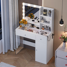 Load image into Gallery viewer, Vanity Desk With Mirror And 3 Lighting Modes, Makeup Vanity With Glass Top And Storage Shelves, Dressing Table With 2 Drawers And Cabinet
