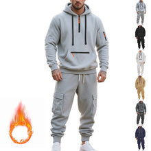 Cargar imagen en el visor de la galería, Men's Loose Sports And Leisure Suit Sweater Fleece-lined Hoodie Set Zipper Multi-Pocket Pullover Men's Sports Casual Top Two-piece Set
