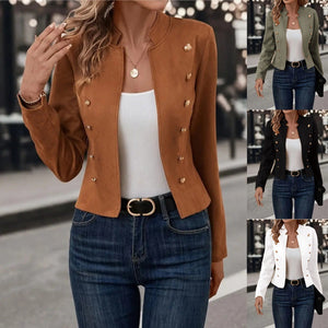 Chaqueta de mujer con cuello alto y múltiples botones, moderna