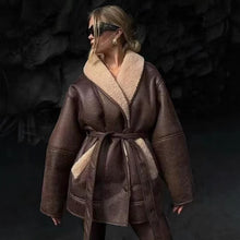 Cargar imagen en el visor de la galería, Fashion Cashmere Leather Fur Collar Composite Belt Coat
