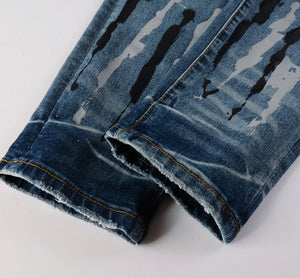 Trendy Jeans Graffiti Flowing Splash Ink Ripped Jeans Stretch Slim Denim