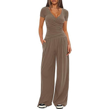 Load image into Gallery viewer, 2 Pieces Women's V Neck Short-sleeve Sportswear Top And Wide-leg Pants Set Casual Comfortable Outfit Set For Daily Wear Gym Sports Outfit
