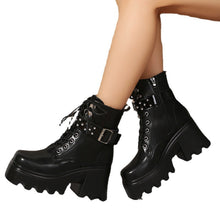 Load image into Gallery viewer, Fashion Round Toe Side Zipper Mid Heel Platform Leather Boots
