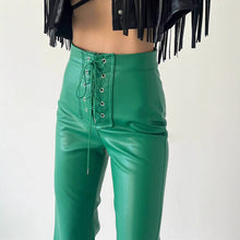Load image into Gallery viewer, Women&#39;s Leather High Waist Stretch Metal Hole Lace-up Pants
