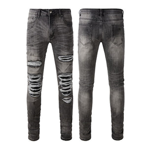 Non-mainstream Personality Patch Jeans Men's Cover Damage Gray Casual Pants