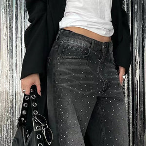 Retro Rhinestone Distressed Loose Wide Leg Low Waist Jeans