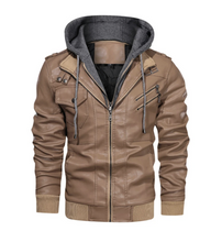 Cargar imagen en el visor de la galería, Chaqueta de cuero para motocicleta de moda de invierno para hombre, chaquetas de PU con cremallera oblicua y corte entallado, abrigos de motociclista de cuero para hombre de otoño, ropa de calle cálida
