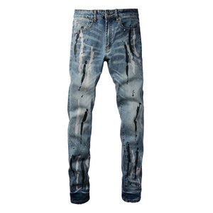 Trendy Jeans Graffiti Flowing Splash Ink Ripped Jeans Stretch Slim Denim