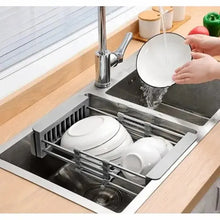 Cargar imagen en el visor de la galería, Adjustable Immersion Sink Dish Drying Rack With Stainless Steel Drain Basket - Portable And Retractable Space-Saving Fruit And Vegetable Solution
