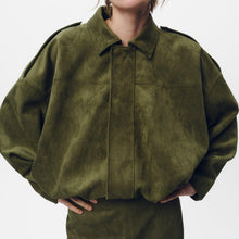 Load image into Gallery viewer, Women&#39;s Batwing Sleeve Lapel Suede Texture Effect Pilot Jacket
