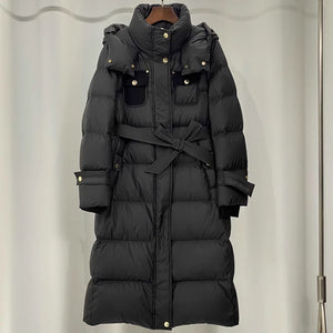 Waist-tight Temperament Mid-length Over The Knee Hood Down Jacket