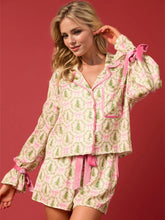 Load image into Gallery viewer, Tied Printed Collared Neck Long Sleeve Top and Shorts Set
