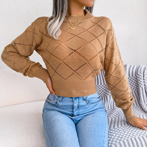 Hollow Plaid Long Sleeves Cropped Knitted Sweater