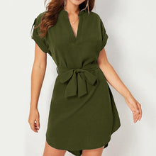 Cargar imagen en el visor de la galería, V-neck Short Sleeve Dress With Belt Summer Fashion Bowknot Dresses For Women Clothing
